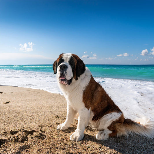 A large St. Bernard dog with white and brown long hair sitting on the beach sand with the ocean tide coming up behind him.