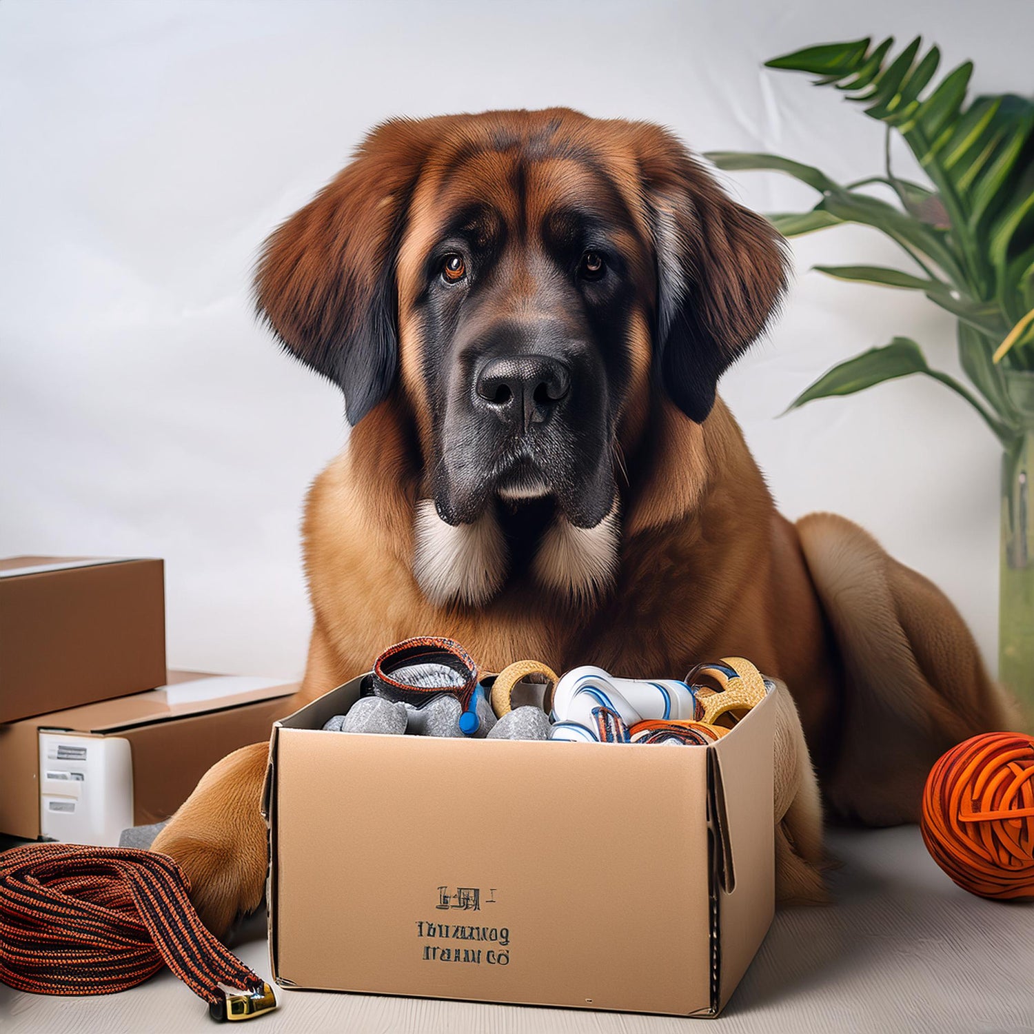 A large long haired mixed breed newfoundland with a past subscription box.